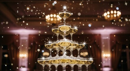Elegant champagne tower adorned with an engagement ring for a special occasion