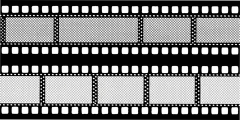 Two rows of vintage filmstrips with empty transparent frames and sprocket holes on black background