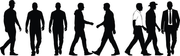 Silhouettes of diverse men walking, casual and formal outfits, urban street style, male group, dynamic movement, modern lifestyle vector illustration.