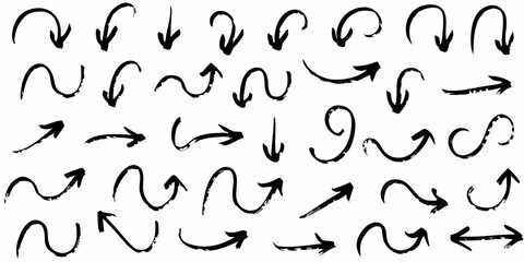 Collection of various hand drawn black arrows with a grunge texture on a white background