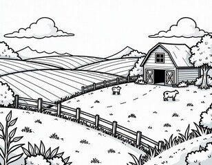 Farm Landscape Line Art Barn, Cows, and Rolling Fields.