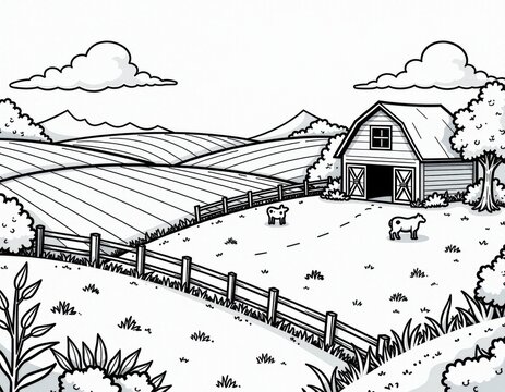 Farm Landscape Line Art Barn, Cows, and Rolling Fields.