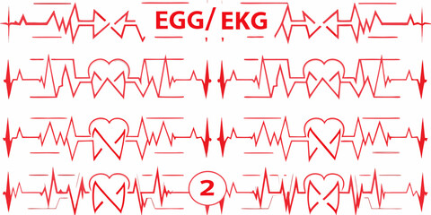 Red electrocardiogram heart rhythm lines with ekg egg text and number two symbol