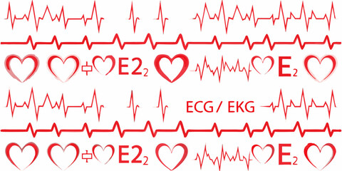 Seamless pattern of red electrocardiogram heart rate lines and heart symbols on a white background