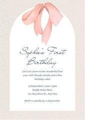 Pink Beige Simple Coquette Bow First Kids Birthday Invitation