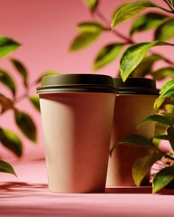 Two kraft paper coffee cups with dark lids sit amongst vibrant green foliage against a pink backdrop; sunlight casts shadows