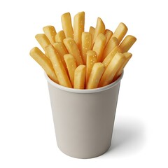 Golden crispy French fries served in paper cup, isolated on seamless white background, snack concept.
