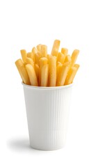 Golden crispy French fries served in paper cup, isolated on seamless white background, snack concept.
