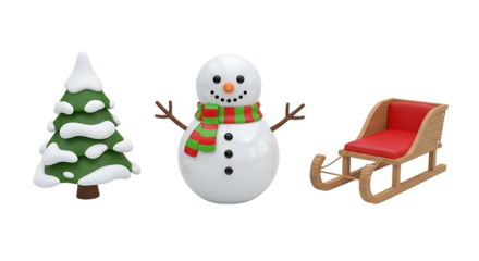Charming 3D Render of a Snowman Christmas Tree and Sleigh Decoration