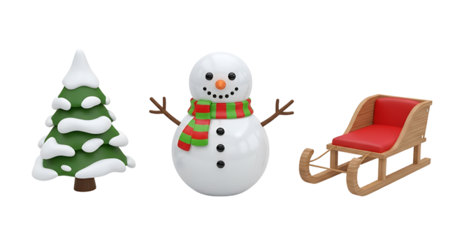 Charming 3D Render of a Snowman Christmas Tree and Sleigh Decoration