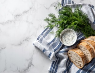 Overhead shot of sliced bread, creamy dill dip in a small bowl, and fresh dill sprigs on a blue-striped kitchen towel atop a marble surface