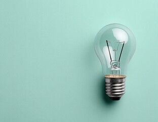A clear incandescent light bulb rests on a light teal background, its metallic base visible.  Plenty of negative space to the left