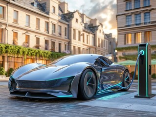 A detailed 3D rendering of a futuristic electric car charging at a sleek, modern charging station in a clean urban environment.