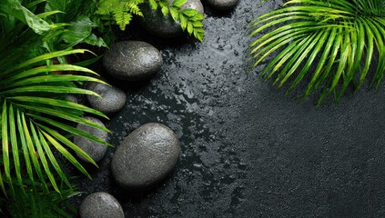 Wet dark surface with smooth grey stones and lush green tropical foliage arranged asymmetrically, creating a serene, spa-like scene