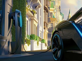 A detailed 3D rendering of a futuristic electric car charging at a sleek, modern charging station in a clean urban environment.