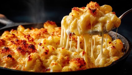 Creamy, cheesy macaroni and cheese in a cast iron skillet, a spoonful lifted showing stringy cheese pull, with a browned, crunchy topping