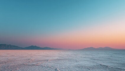 Pastel sunset hues paint the sky above a vast, flat, white salt flat; distant mountains form a hazy silhouette against the colorful horizon