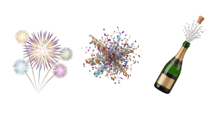 Festive celebration with fireworks, confetti, and champagne bottle