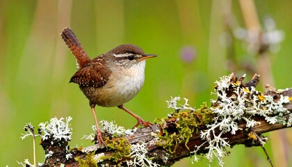 Naklejka premium A small, speckled bird perches gracefully on a branch adorned with lichen and moss, showcasing a rich palette of browns and whites against a blurred, grassy backdrop.