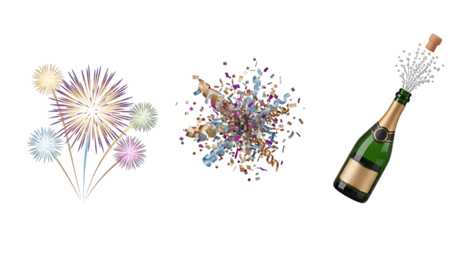 Festive celebration with fireworks, confetti, and champagne bottle
