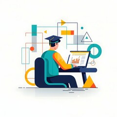Graduate student working on laptop with data charts and abstract elements.