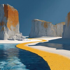 A sun-drenched, minimalist landscape features towering white and orange cliffs flanking a winding yellow path that meanders through a pristine beach and turquoise water