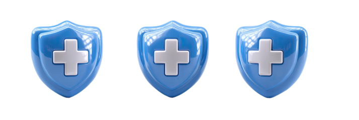 Three glossy light blue shields with white crosses