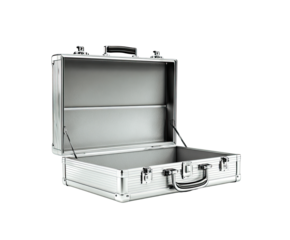 Empty open metallic briefcase
