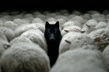 black wolf stands among flock of fluffy white sheep, creating striking contrast. scene evokes sense of tension and intrigue, highlighting wolf piercing gaze