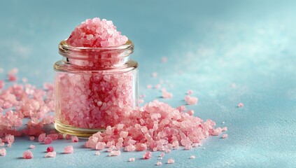 A glass jar filled with pink Himalayan salt crystals sits on a light blue textured surface, with additional crystals scattered around its base