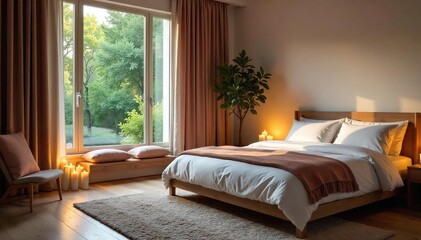 Serene bedroom interior, soft lighting highlighting a meditation corner with cushions and candles, promoting calmness and tranquility for a peaceful atmosphere ,  balance,  interior design