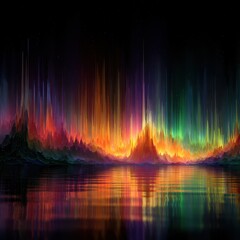 Vibrant Aurora Borealis Over Calm Waters, Reflecting Colorful Light Spectacle.