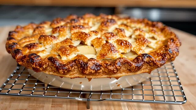 Freshly Baked Apple Pie with Golden Crust on Cooling Rack in Modern Kitchen Setting