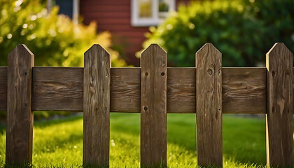 Naklejka premium A Rustic Wooden Picket Fence in a Well-Maintained Backyard with a House in the Background, Suitable for Home, Garden, and Real Estate Content