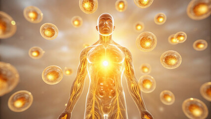 Human figure surrounded by glowing cells radiating golden light, symbolizing vitality and energy within body. image conveys sense of health and rejuvenation