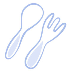 Minimal line art illustration of spoon and fork in light blue, isolated on white, modern and simple concept for dining and kitchen use.