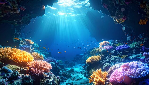 Deep ocean trench with bioluminescent coral structures, shimmering schools of fish, and dark caverns awaiting discovery