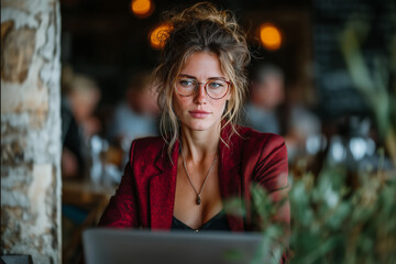 Focused young businesswoman with glasses working on laptop in trendy cafe, modern entrepreneur portrait representing remote work, creative career, and independent professional lifestyle