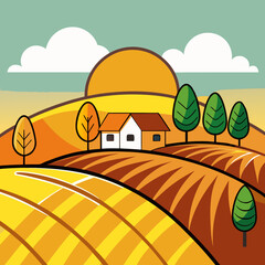 Cartoon autumn farmland scenery vector illustration golden fields rolling hills and cozy house