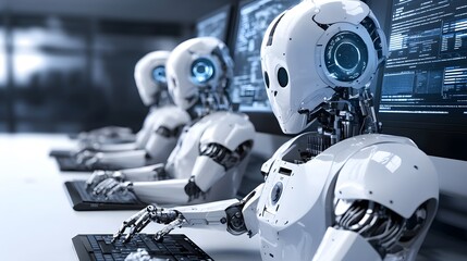 Fototapeta premium Futuristic Robots Working on Computers in Modern Office Environment