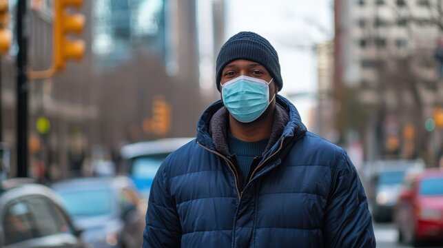 A Black man wearing a mask while walking through a city during COVID-19. - Powered by Adobe