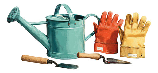 Gardening Tools with Colorful Gloves and Watering Can Isolated