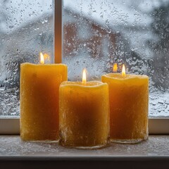 Three amber candles burn brightly on a snow-dusted windowsill, viewed from inside, rain and snow falling outside the glass