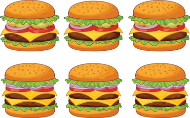 Delicious cheeseburger vector illustration set with fresh lettuce, tomato, cheese, onions, and sesame bun, classic fast food design.
