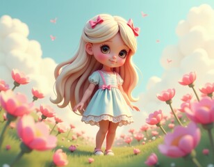 Fototapeta premium Adorable Chibi Cartoon Girl in a Magical Pink Flower Field