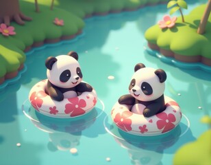 Fototapeta premium Cute Cartoon Pandas Floating in Inner Tubes on Water