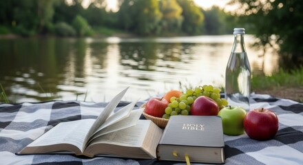 Leisurely riverside picnic with bible reading and healthy food offerings outdoors