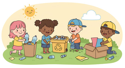 Happy Diverse Kids Recycling Plastic Bottles Paper Cardboard Together Outdoors, Sunny Day, Environmental Education, Sustainability