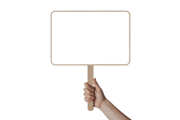 Hand Holding Blank White Signboard With Wooden Handle