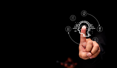 Artificial intelligence and cloud storage concept. Businessman touching digital human head icon with cloud upload and download symbols, representing smart data, knowledge, and innovation.